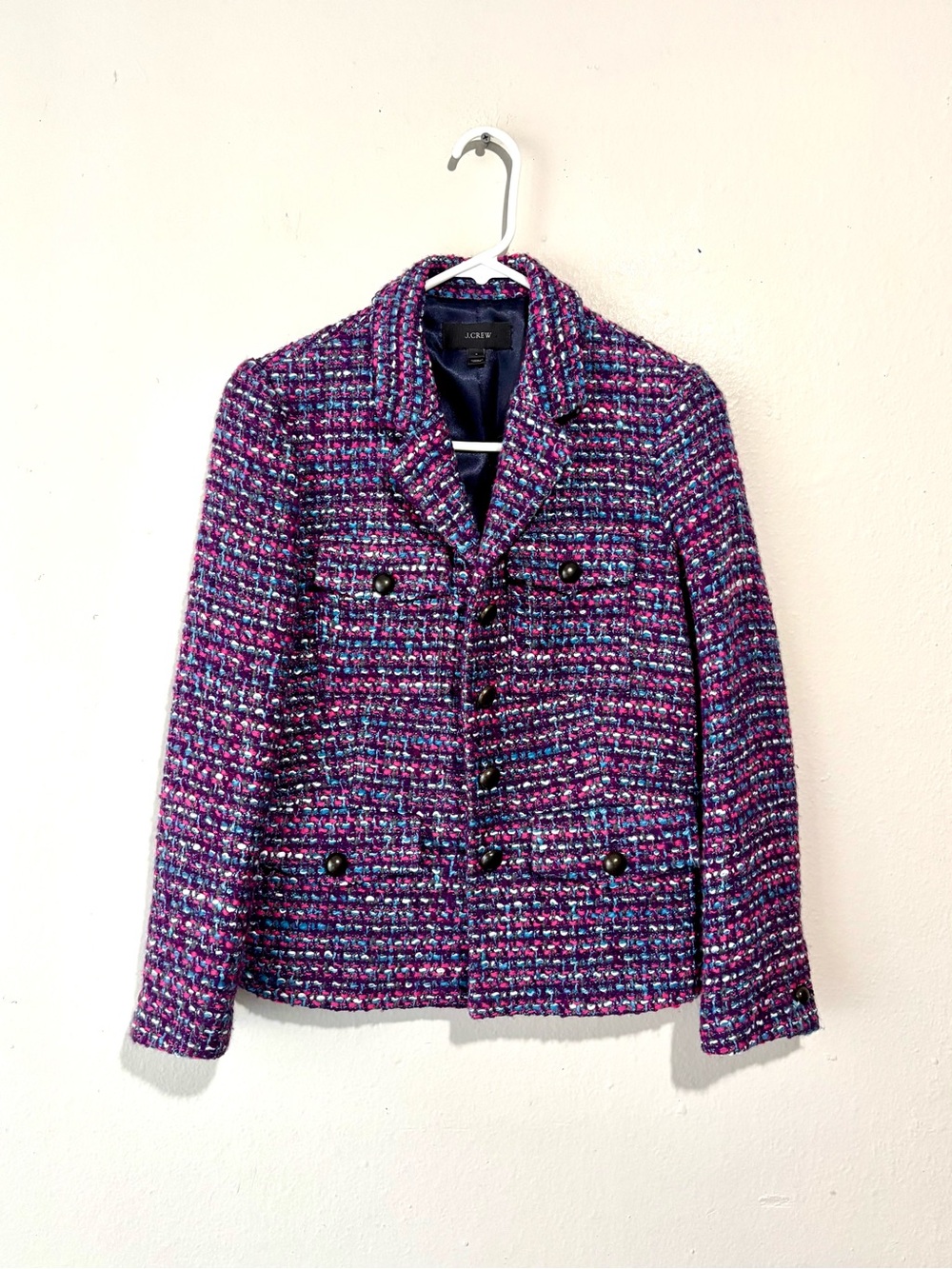J. Crew Boucle Tweed Jacet Blazer Purple Pink Blue Sz 4 Wood Blend